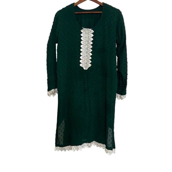 Moroccan Swiss Dot Long Sleeve Lace Trim Chiffon Kaftan Short Dress Green Small - Picture 1 of 5
